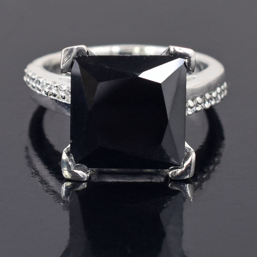 6.95 Ct AAA Quality Princess Cut Black Diamond Solitaire Ring in 925 Silver- Great Luster & Very Elegant - ZeeDiamonds