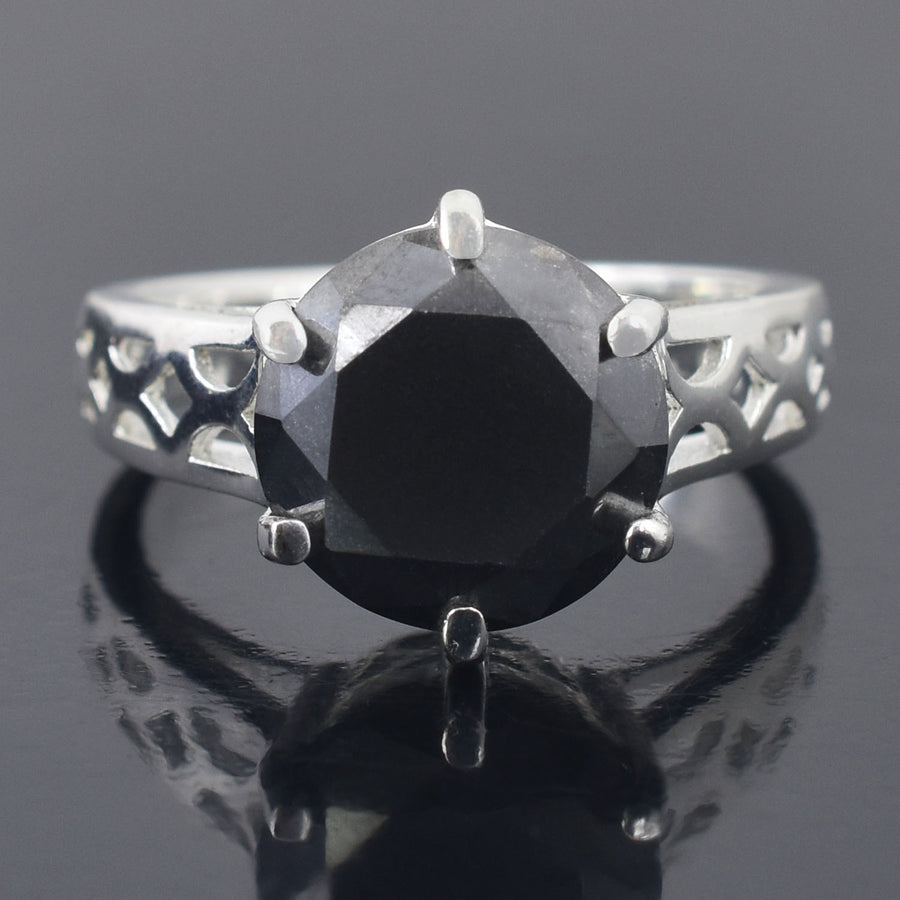 7.35 Carat Certified Black Diamond Solitaire Ring 925 Sterling Silver, Round Brilliant Cut, Customized Finish! - ZeeDiamonds