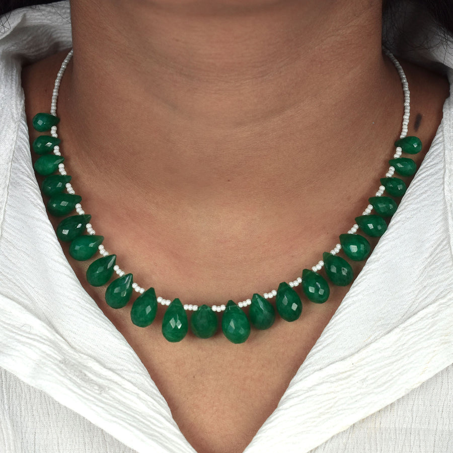 Great Shine Brazilian Green Emerald Gemstone Necklace with Beads, 925 Sterling Silver - ZeeDiamonds