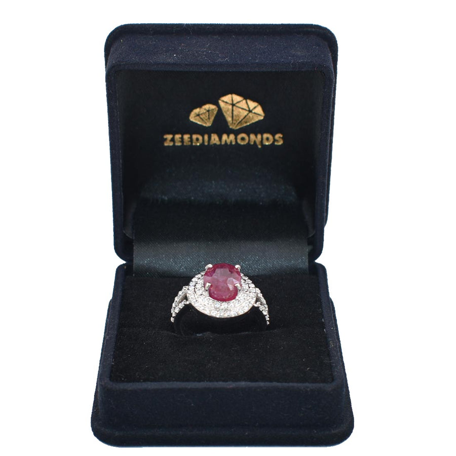5Ct Natural Ruby Gemstone Ring With VVS White Diamond Accents - ZeeDiamonds
