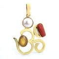 Pearl, Yellow Sapphire And Coral Gemstone Aum Shape Astrological Pendant - ZeeDiamonds