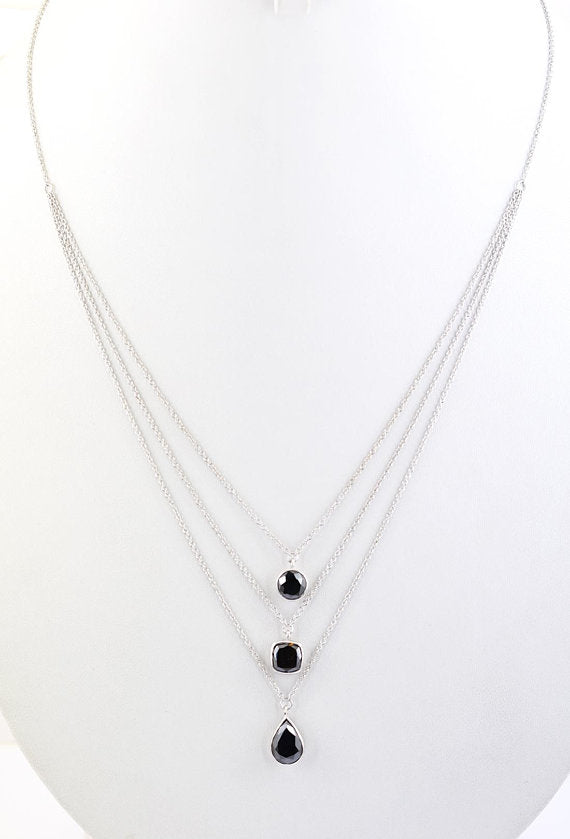 Round, Pear and Cushion Shape 3 Row Black Diamond Layered Necklace - ZeeDiamonds