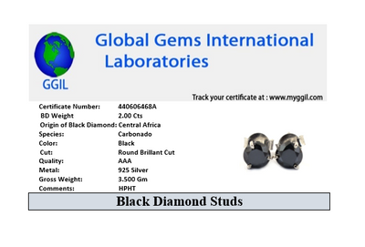 3 Ct AAA Certified Black Diamond Studs in 925 Silver, 3 Prong Setting - ZeeDiamonds