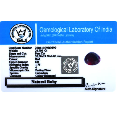 Natural Ruby Gemstone – 24.70 Cts of Pure Elegance, Certified, Boosts Vitality and Energy, Pear Cut