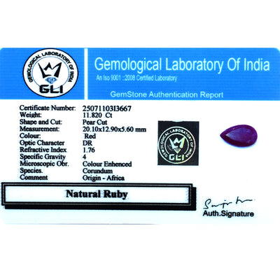 RARE 11.82 Ct Pear Cut Ruby Gemstone,Ruled by the Sun (Surya) in astrology !
