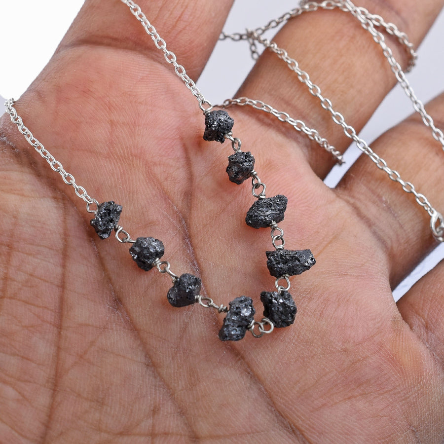 Certified 5-6 mm Rough Beaded Black Diamond Chain Necklace 925 Sterling Silver Unique Design! - ZeeDiamonds