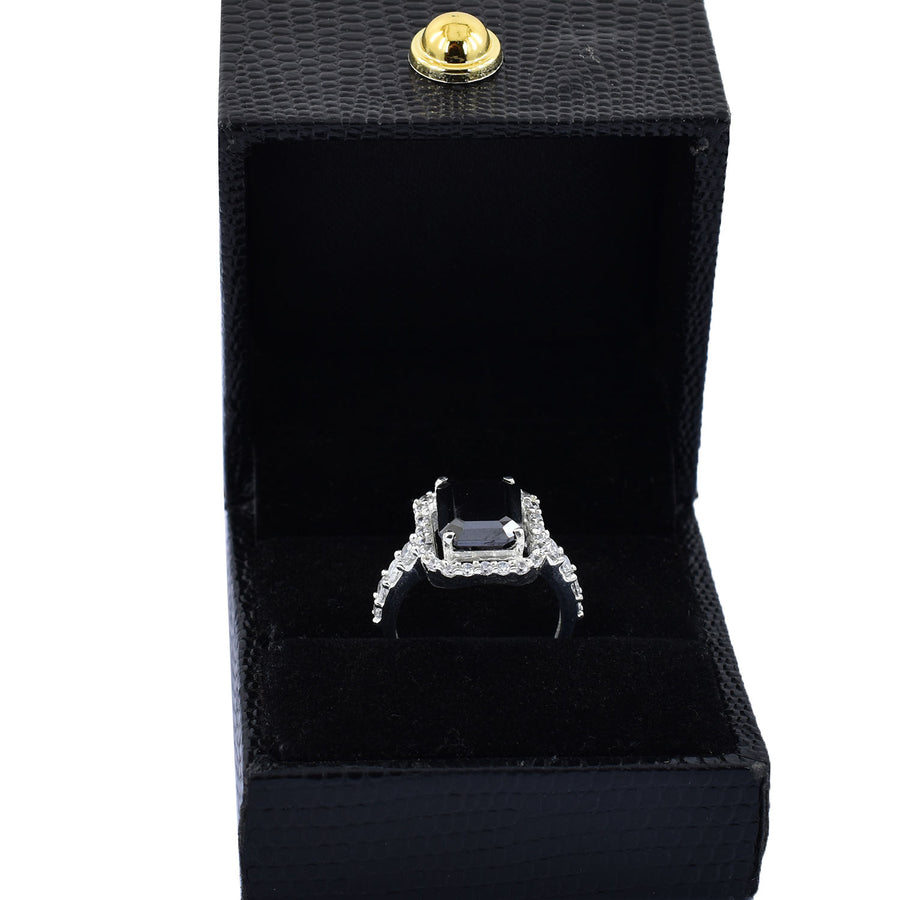 3 Ct Emerald Cut Black Diamond Solitaire Ring with White Signity Stones in 925 Sterling Silver Engagement Ring - ZeeDiamonds