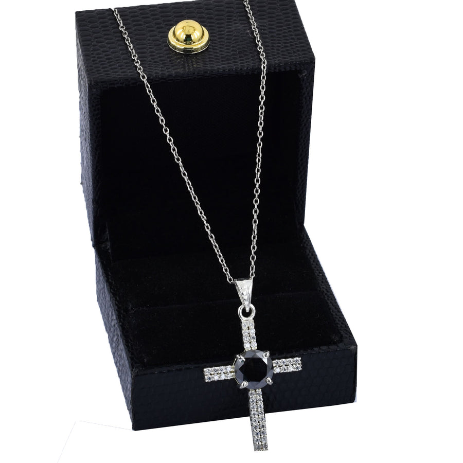 Certified 2.5 Ct Black Diamond Solitaire Cross Pendant in White Diamonds Elegant Style - ZeeDiamonds