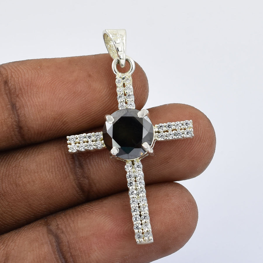 Certified 2.5 Ct Black Diamond Solitaire Cross Pendant in White Diamonds Elegant Style - ZeeDiamonds