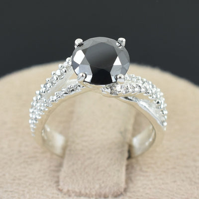 Great Design 1.70 Carat Round Brilliant Cut Black Diamond With Accents Solitaire Ring , 925 Sterling Silver - ZeeDiamonds