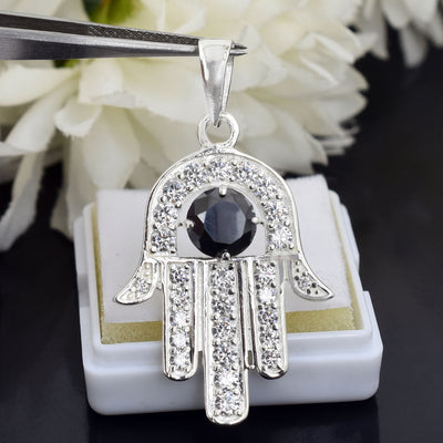 2.45 Carat Round Brilliant Cut Hamsa Hand Pendant Black Diamond Solitaire Pendant, 925 Silver, Excellent Cut & Luster - ZeeDiamonds