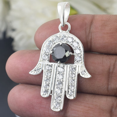 2.45 Carat Round Brilliant Cut Hamsa Hand Pendant Black Diamond Solitaire Pendant, 925 Silver, Excellent Cut & Luster - ZeeDiamonds