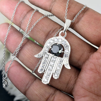 2.45 Carat Round Brilliant Cut Hamsa Hand Pendant Black Diamond Solitaire Pendant, 925 Silver, Excellent Cut & Luster - ZeeDiamonds