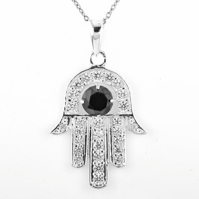 2.45 Carat Round Brilliant Cut Hamsa Hand Pendant Black Diamond Solitaire Pendant, 925 Silver, Excellent Cut & Luster - ZeeDiamonds