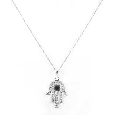 2.45 Carat Round Brilliant Cut Hamsa Hand Pendant Black Diamond Solitaire Pendant, 925 Silver, Excellent Cut & Luster - ZeeDiamonds