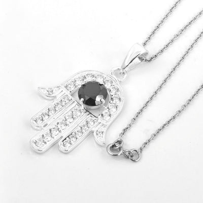 2.45 Carat Round Brilliant Cut Hamsa Hand Pendant Black Diamond Solitaire Pendant, 925 Silver, Excellent Cut & Luster - ZeeDiamonds