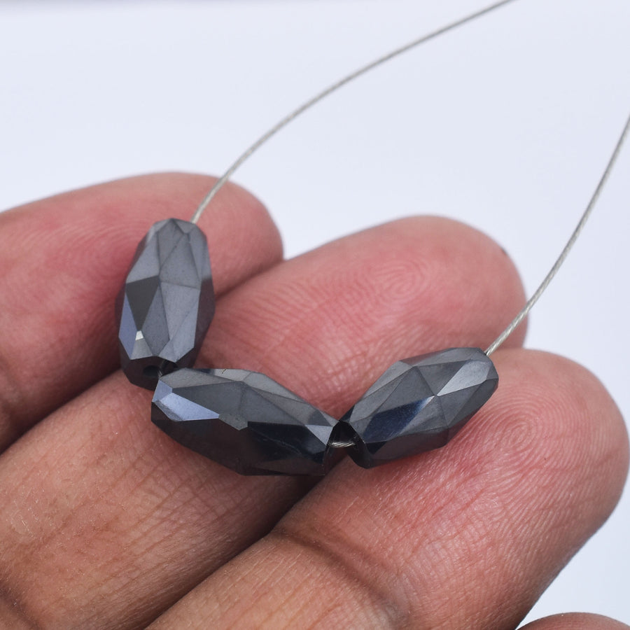 3 Pcs Genuine Black Diamond Carbonado Loose Fancy Faceted Drilled Beads , Best For making jewelry - ZeeDiamonds