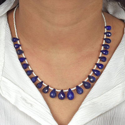 Genuine Quality Blue Sapphire Gemstone Necklace with Beads, 925 Silver Excellent Cut & Luster - ZeeDiamonds