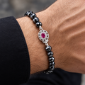 6mm Black Diamond Knot Style Beaded Bracelet with Ruby Clasp, Emerald Clasp, 925 Silver