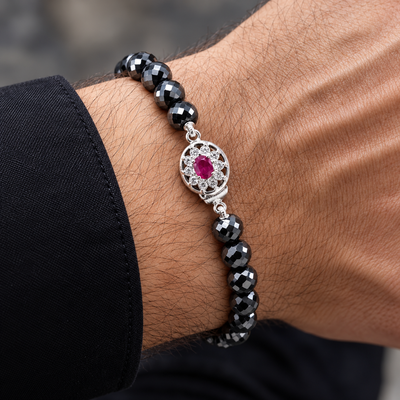 6mm Black Diamond Knot Style Beaded Bracelet with Ruby Clasp, Emerald Clasp, 925 Silver
