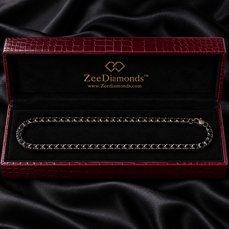 5 mm Black Diamond Tennis Necklace in 925 Sterling Silver, Unisex + Free Diamond Solitaire Studs