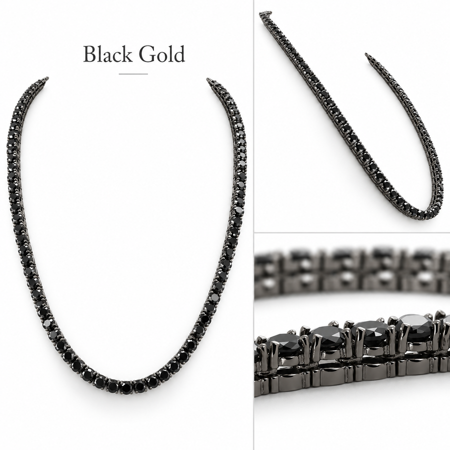 Men's 5–5.5 mm Black Diamond Tennis Necklace in 925 Sterling Silver, 18–24 Inches + Certified! Free Diamond Studs.