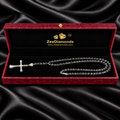 7 mm Black Diamond Beaded Necklace for Men with Cross Pendant, 20–28 Inches + Free Diamond Studs