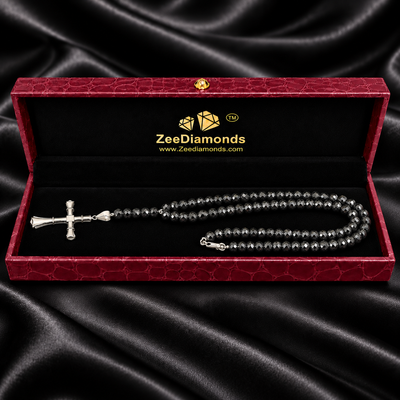 7 mm Black Diamond Beaded Necklace for Men with Cross Pendant, 20–28 Inches + Free Diamond Studs