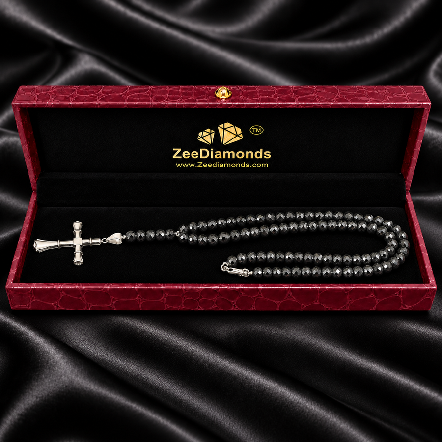 7 mm Black Diamond Beaded Necklace for Men with Cross Pendant, 20–28 Inches + Free Diamond Studs