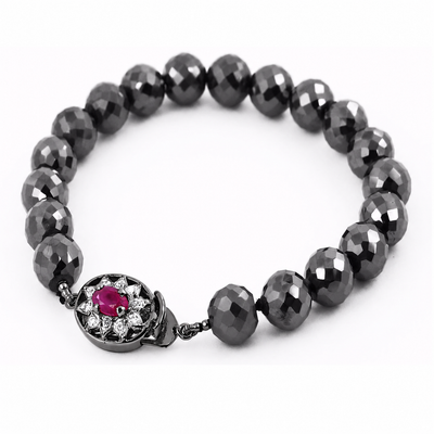 6mm Black Diamond Knot Style Beaded Bracelet with Ruby Clasp, Emerald Clasp, 925 Silver