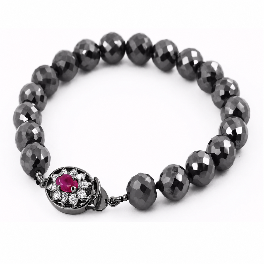 6mm Black Diamond Knot Style Beaded Bracelet with Ruby Clasp, Emerald Clasp, 925 Silver