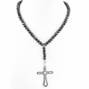 7 mm Black Diamond Beaded Necklace for Men with Cross Pendant, 20–28 Inches + Free Diamond Studs