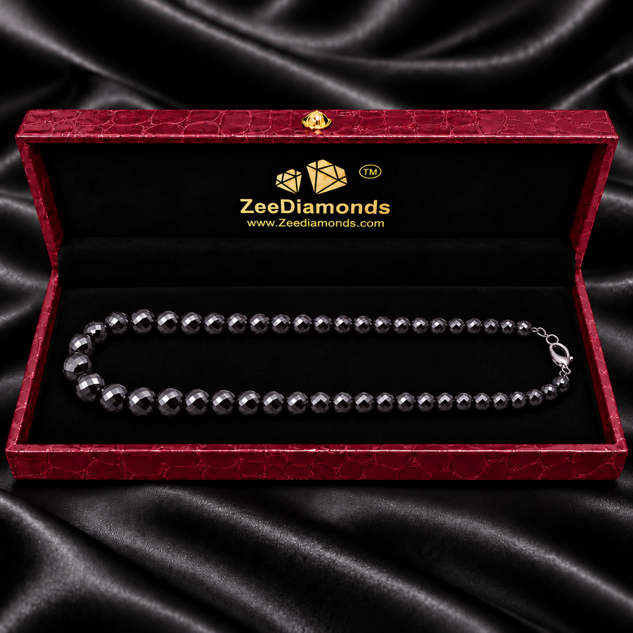 8 mm Black Diamond Beaded Necklace, 925 Sterling Silver Clasp, 18–24 Inches + Free Diamond Studs