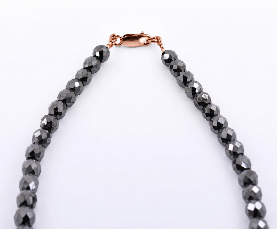 8 mm Black Diamond Beaded Necklace, 925 Sterling Silver Clasp, 18–24 Inches + Free Diamond Studs