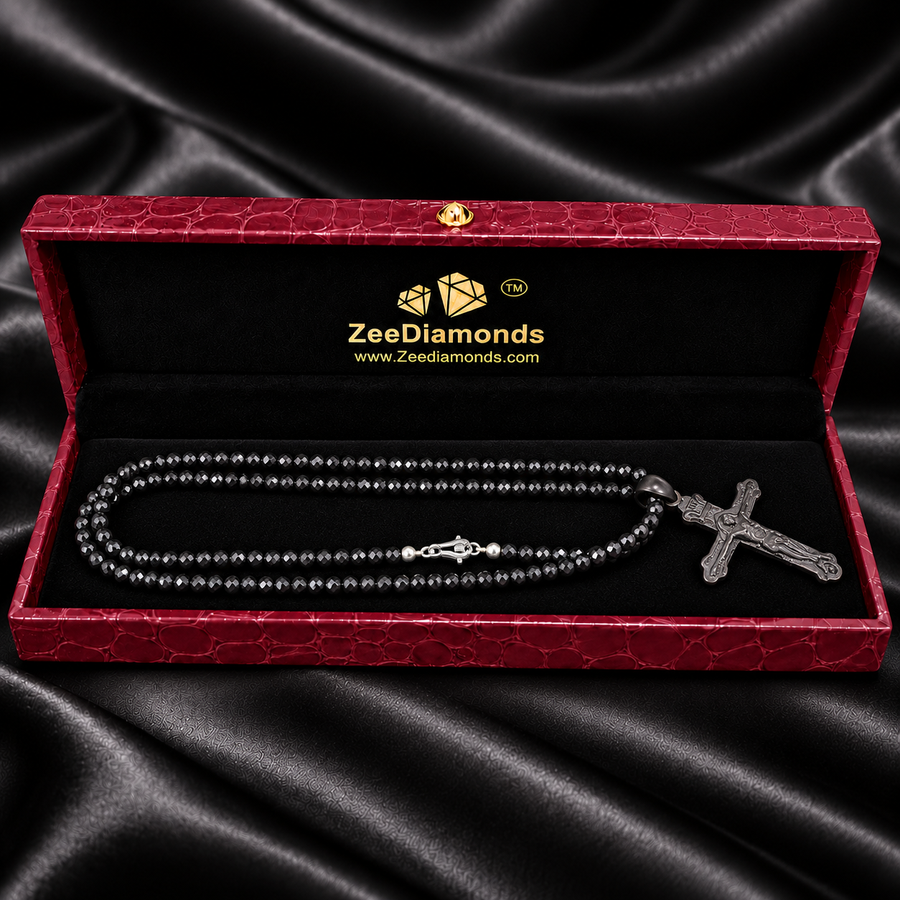 4 mm Black Diamond Beaded Necklace with Sterling Silver Cross Pendant, Unisex, 18–24 Inches + Free Diamond Studs
