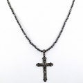 4 mm Black Diamond Beaded Necklace with Sterling Silver Cross Pendant, Unisex, 18–24 Inches + Free Diamond Studs