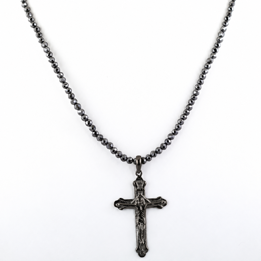 4 mm Black Diamond Beaded Necklace with Sterling Silver Cross Pendant, Unisex, 18–24 Inches + Free Diamond Studs