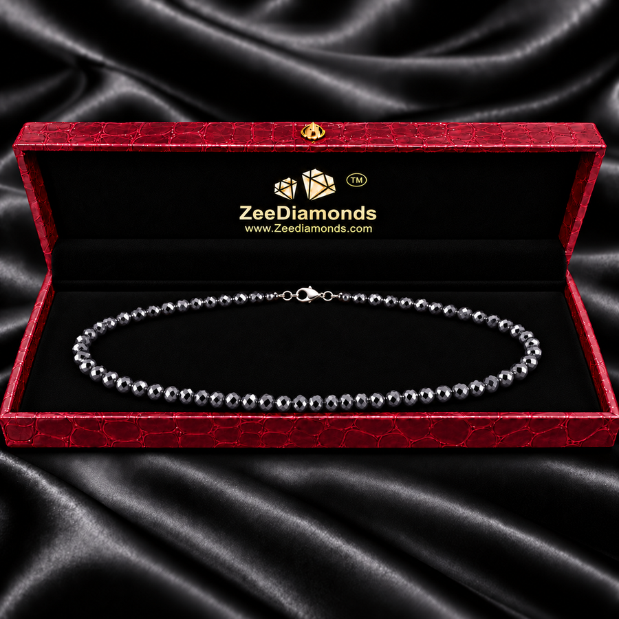 6 mm Black Diamond Beaded Necklace, Sterling Silver Lobster Clasp, 16–21 Inches + Free Diamond Studs