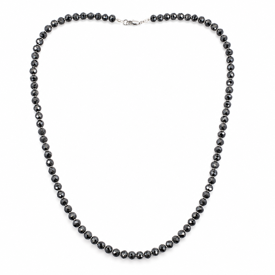 6 mm Black Diamond Beaded Necklace, 925 Silver Clasp, 16–28 Inches + Free Diamond Studs