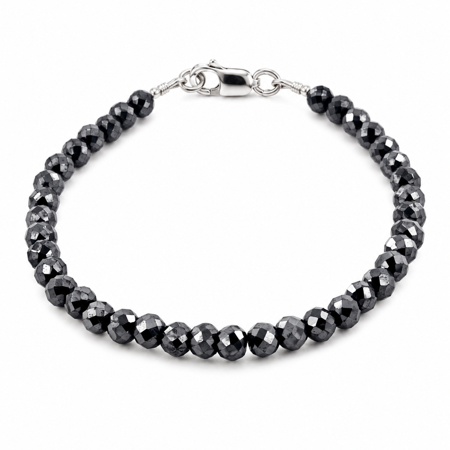 6 mm AAA Quality Certified Black Diamond Beads Bracelet In Sterling Silver - ZeeDiamonds