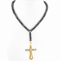 7 mm Black Diamond Beaded Necklace for Men with Cross Pendant, 20–28 Inches + Free Diamond Studs