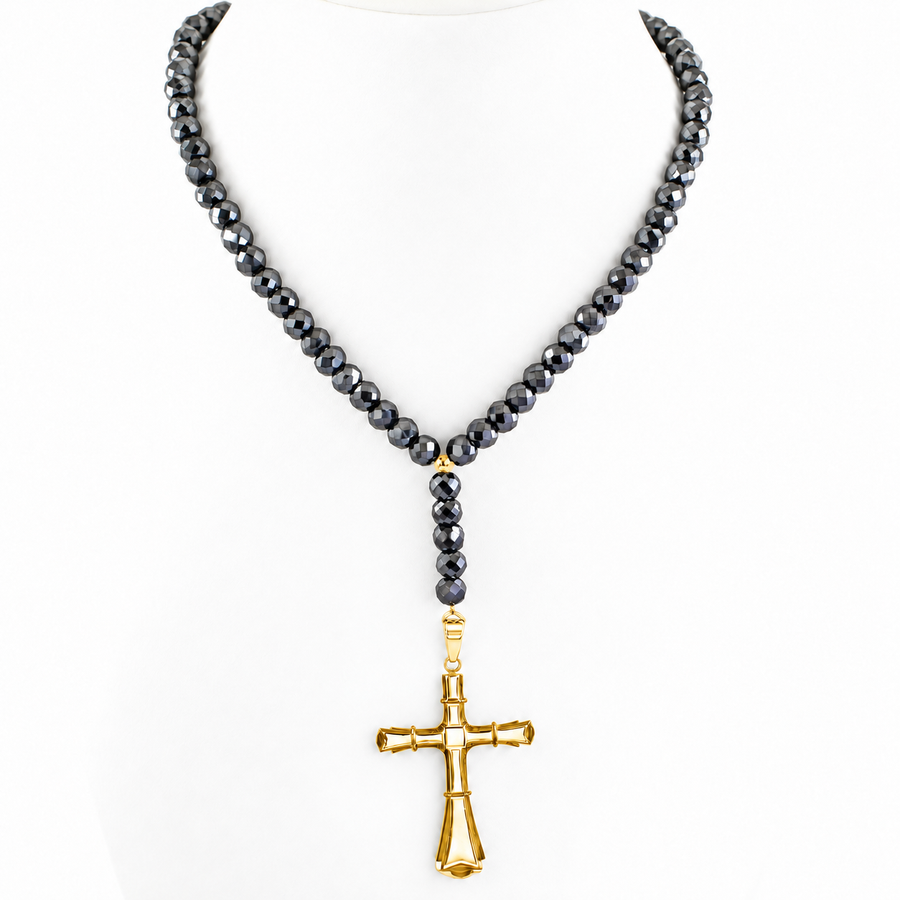 7 mm Black Diamond Beaded Necklace for Men with Cross Pendant, 20–28 Inches + Free Diamond Studs