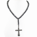 7 mm Black Diamond Beaded Necklace for Men with Cross Pendant, 20–28 Inches + Free Diamond Studs