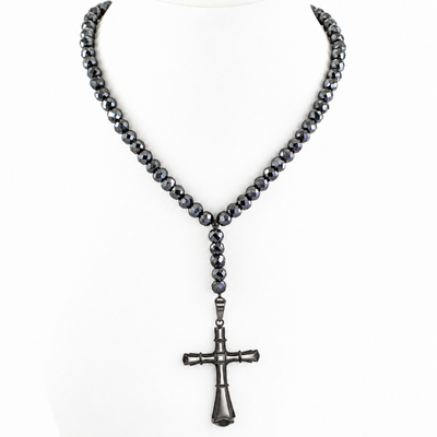 7 mm Black Diamond Beaded Necklace for Men with Cross Pendant, 20–28 Inches + Free Diamond Studs
