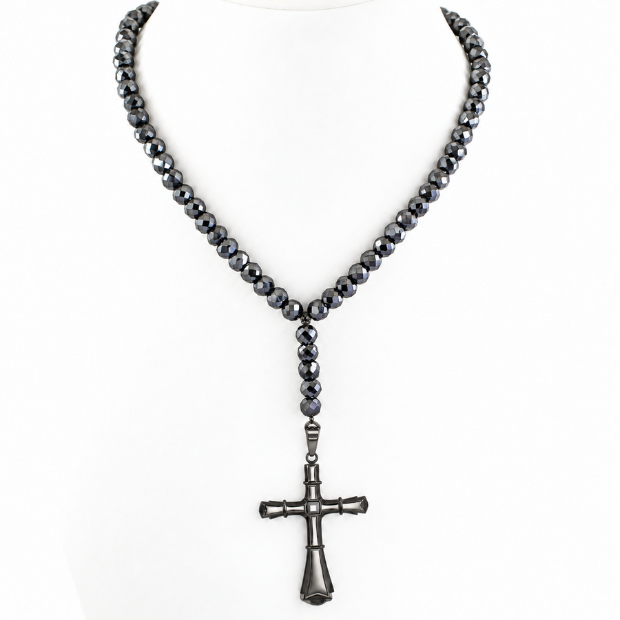 7 mm Black Diamond Beaded Necklace for Men with Cross Pendant, 20–28 Inches + Free Diamond Studs