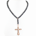 7 mm Black Diamond Beaded Necklace for Men with Cross Pendant, 20–28 Inches + Free Diamond Studs