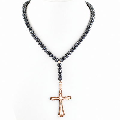 7 mm Black Diamond Beaded Necklace for Men with Cross Pendant, 20–28 Inches + Free Diamond Studs