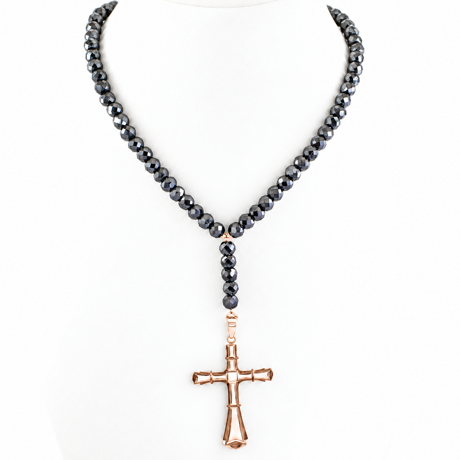 7 mm Black Diamond Beaded Necklace for Men with Cross Pendant, 20–28 Inches + Free Diamond Studs