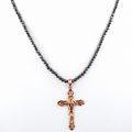 4 mm Black Diamond Beaded Necklace with Sterling Silver Cross Pendant, Unisex, 18–24 Inches + Free Diamond Studs