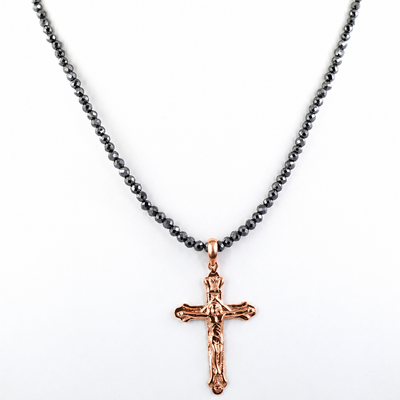 4 mm Black Diamond Beaded Necklace with Sterling Silver Cross Pendant, Unisex, 18–24 Inches + Free Diamond Studs
